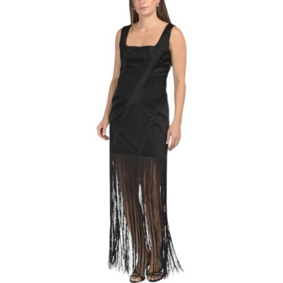 AVEC LES FILLES Fringed Glossy Dress With Woven And Cut Out Details - Picture 1 of 4